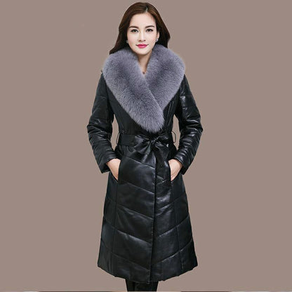 Winter PU Leather Female Imitation Fox Fur Collar Cotton Jacket In The Long Section Slim Padded Jacket Fashion Casual Women Leather Jacket