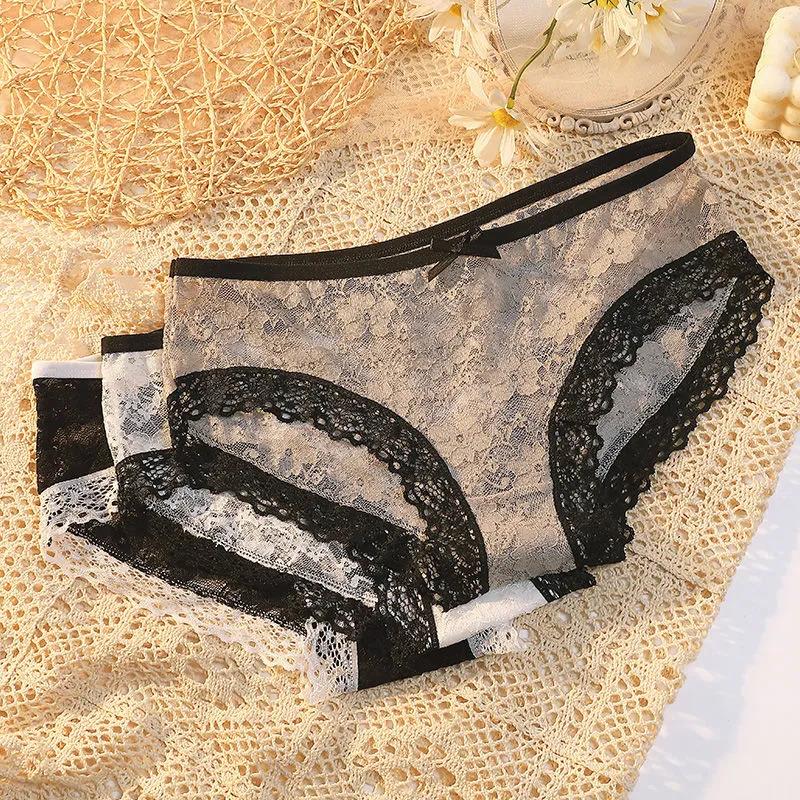 3Pcs/Set Girl's All-match Mid Waist Seamless Cotton Underpants Women's Solid Color Large Size Causal Lace Briefs