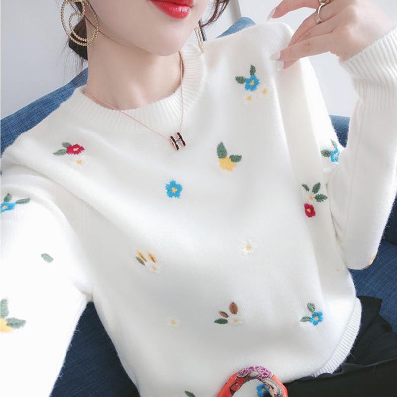 Flower Embroidery Autumn  Winter Clothes Base Knitting Inner  Outer Sweater Round Neck PulloverLong Sleeve Women