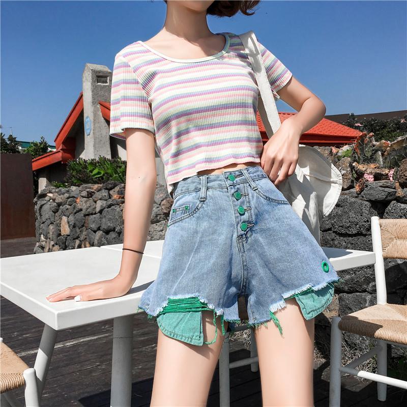 WTEMPO Shredded Denim Shorts Female Student Loose Loose Thin Edge High Waist A Word Wide Leg Pants