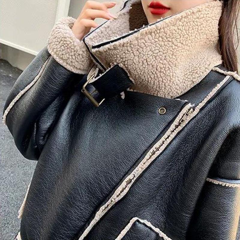 Winter Fashion Cool Plus Cotton Women's Warm Lamb Wool Short Coat Thicked Motorcycle Leather Coat Big Lapel Jacket Girl Winter Clothes Parka Coat