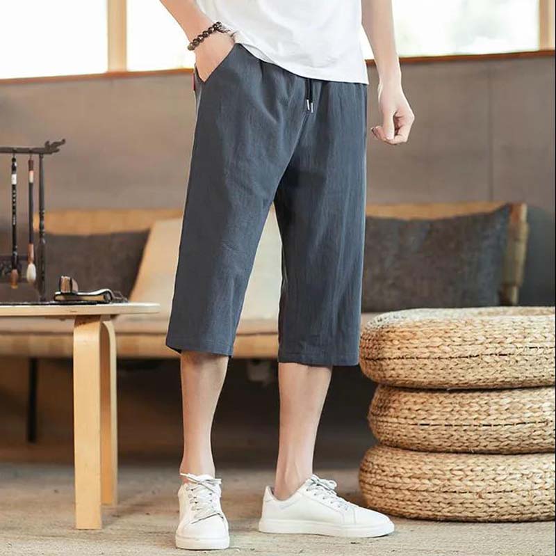 Cropped Pants Men's Linen Shorts Summer Thin Casual Pants Loose Large Size Cotton and Linen Beach Pants