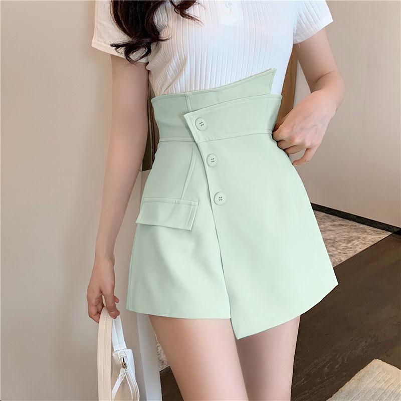 WTEMPO Button Solid Color Irregular Pants Shorts Women Spring and Summer High Waist Slimming Casual Loose A-line Wide-leg Pants