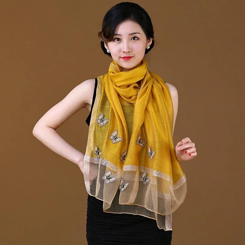 Women's Silk Scarf Mulberry Silk Scarves Autumn Winter Warm Butterfly Embroidery Shawl Long Mother Scarf Female Neck Collar Wrap Shawl Neckerchief