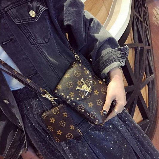 2piece Women's mobile phone bag coin purse retro printing Korean rivet small shoulder bag mini crossbody bag and clutch wallet