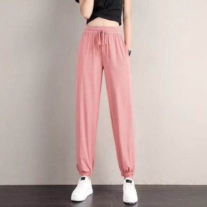 Ice Silk Sweatpants Women's Loose-fitting Feet Students Summer Thin Black Casual Women's Drape and Thin Wide-leg Bloomers