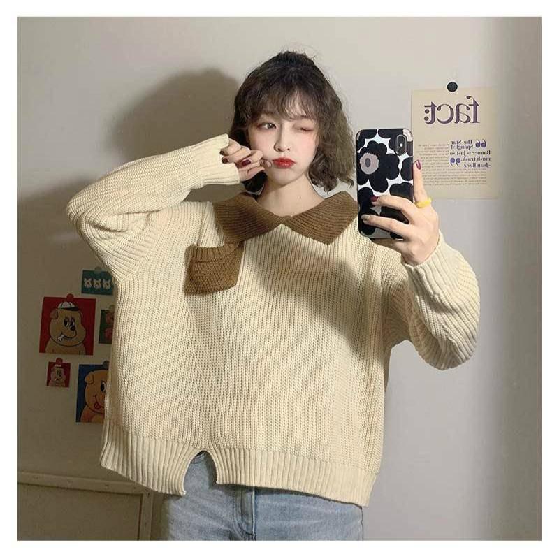 Autumn Winter Students Hit Color POLO Collar Loose Ins Lazy Long-sleeved Sweater Korean Version Trendy Tops