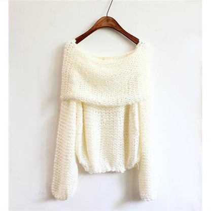 Spring and Autumn Sexy One-shoulder Blouse Lantern Sleeve Thick Wool Sweater Plus Size Pullover Loose Coat