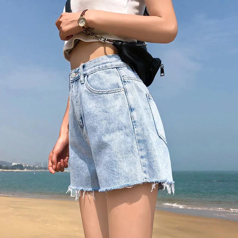 Women Light Blue Chic Pockets Frayed Hem Ripped Denim Shorts Vintage High Waist Zipper Female Short Jeans