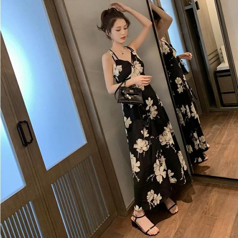 Summer Korean Mid-length Printed Halter Sexy Sling Dress Women's Holiday Big Swing Beach Dress