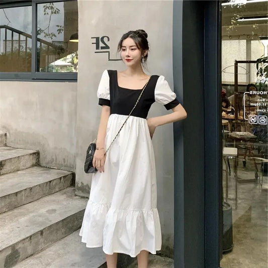 Women Summer Vintage Elegant Short Sleeve Square Neck Black White Patchwork Slim Long Pleated Dress