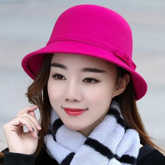 Women's Simple Elegant Pot Hat Wool Blended Bow Basin Hat Autumn Winter Solid Color Casual All-match Bucket Hat