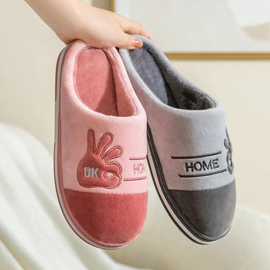 Slippers Women Winter Cotton Shoes Home Indoor Casual Non Slip Slippers Plus Size Thick Fleece Warm Men Slides Couples Slippers Pink Purple Gray Blue