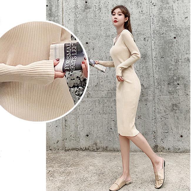 Winter Mercerized Cotton Temperament Goddess Fan Sweater Knit Dress V-neck Long-sleeved Slim Slimming Black Hip Skirt