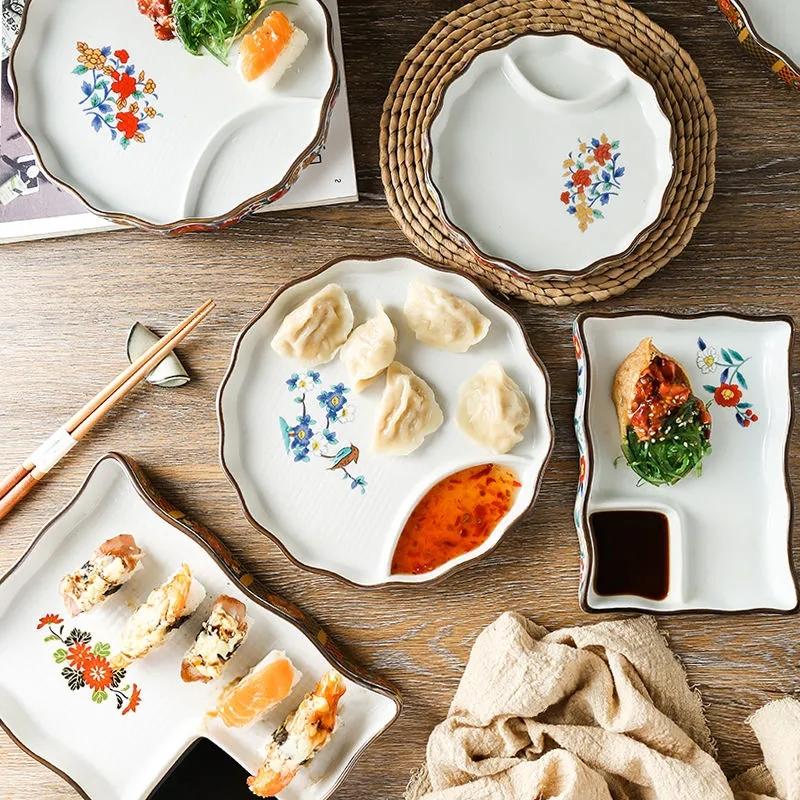 Japanese Dumpling Plate Sushi Plate Round Plate Square Plate Soy Sauce and Vinegar Compartment Household Ceramic Plate