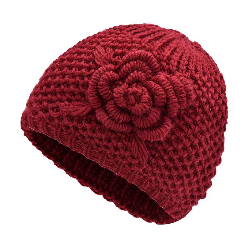 Women's Winter Vintage Floral Knitted Wool Plus Velvet Warm Hats Grandma Mothers Mother-in-law Hats Handmade Flower Knitted Padded Hat