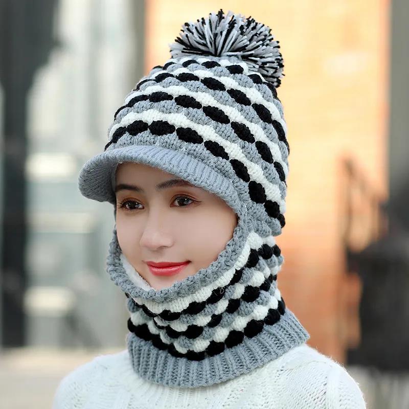 Winter Women's Knitted Hat and Bib One-piece Plus Velvet Warm Knitted Hat Cycling Windproof Neck Cover One-piece Hat