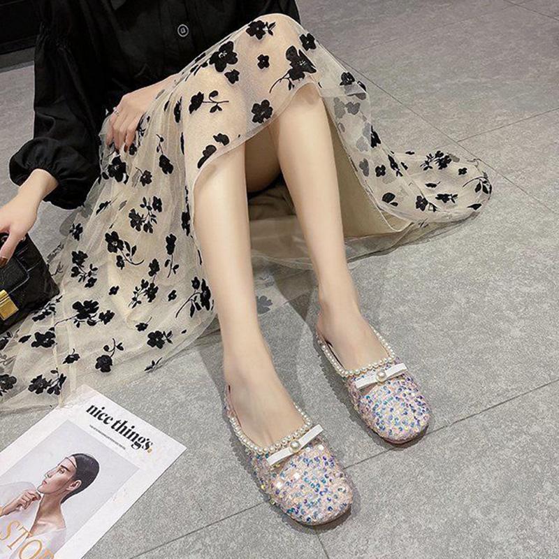 Sequined Baotou Half Slippers Women's Outer Wear Summer Shallow Mouth Women's Shoes Grandma Shoes Soft Sole Peas Shoes