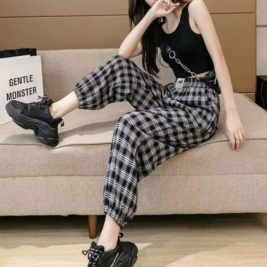 Thin Black and White Plaid Harem Pants Female Summer Korean Version Loose and Thin Student Harem Nine Points Casual Pants