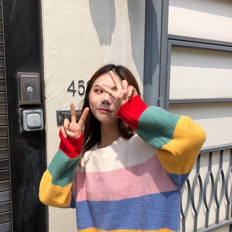 Rainbow Striped Sweaters Women Jumpers Knitted  Round Neck Loose Pullover Long Sleeve Knit Sweater Autumn Winter Female