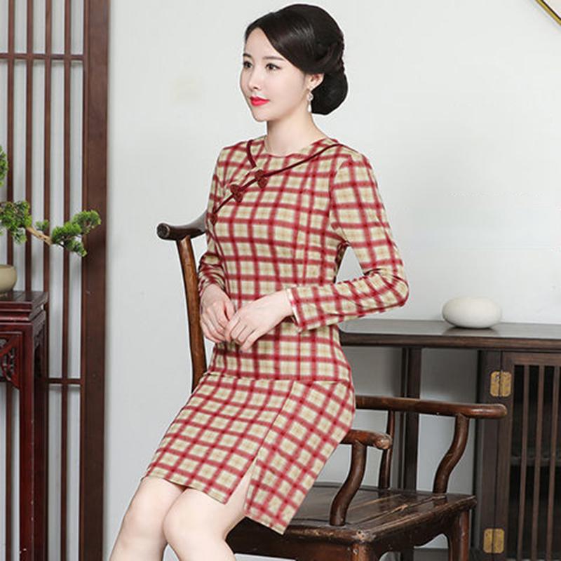 Improved Cheongsam Dress Mom Summer Short-sleeved Plaid Skirt Slim Slimming Retro Hip Skirt