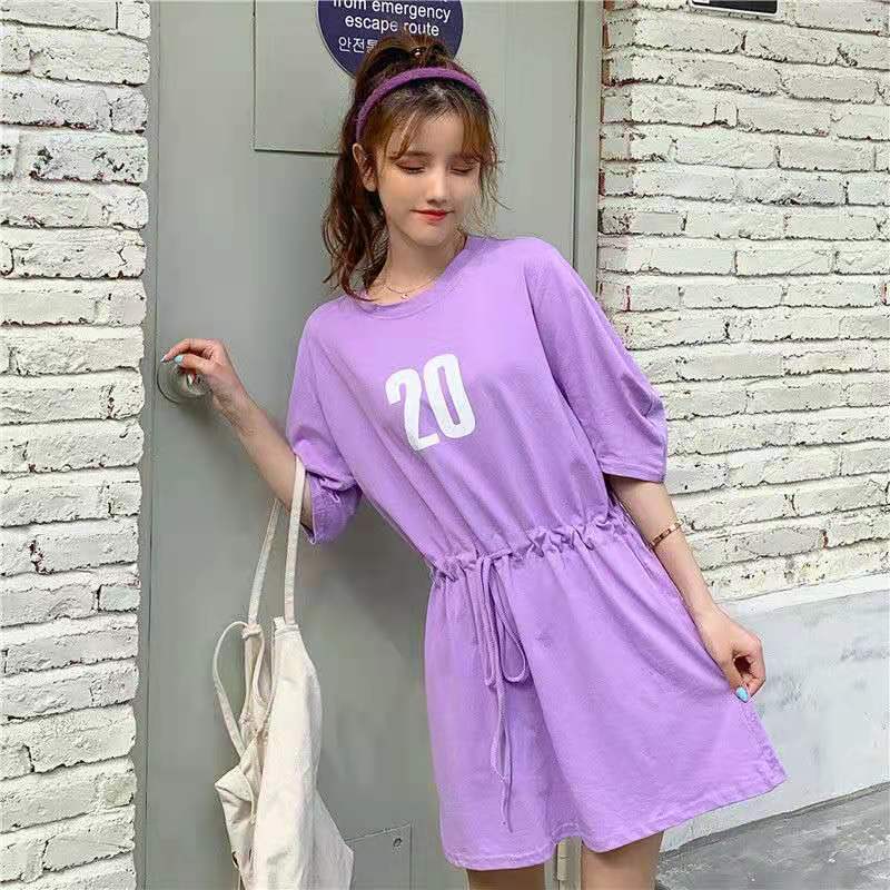 T-shirt Dress Mid-length Women's Summer Waist Waist Was Thinner Drawstring Loose Leisure Sports Style Short Dress