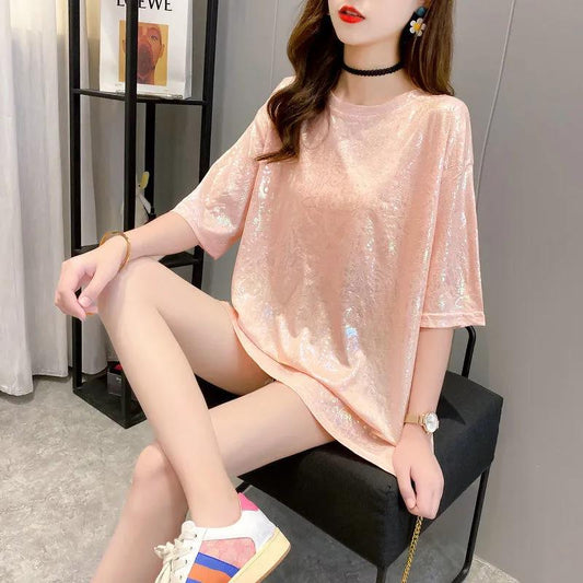 Ice Silk Loose Short-sleeved T-shirt Printing Glittering Half-sleeved Top Women Loose Round Neck Casual Pullover T-shirt Women