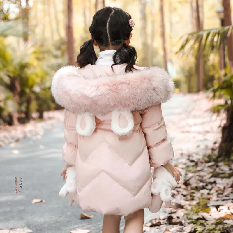 Girls Plus Velvet Thick Warm Cotton Coat Winter Korean Windproof Cotton Clothing Mid-length Cotton-padded Jacket with Gloves