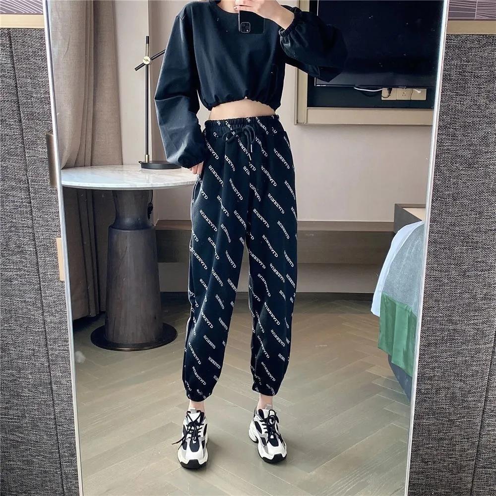 Women Summer Thin Long Pants Vintage Loose Letter Pattern Printed Sport Knickerbockers Versatile Elastic Waist Jogger Pants