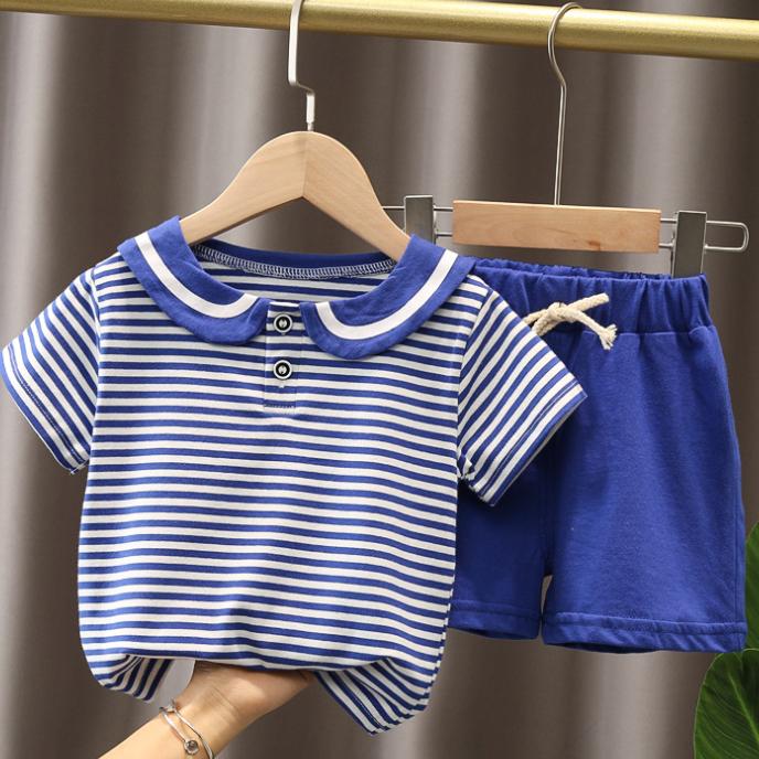 Summer Korean Short Sleeve Children's Suit Boys' and Girls' 0-4-year-old Turn-down Neck Striped T-shirt Shorts Two-piece Children's Suit