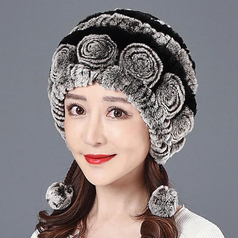 Women's Rex Rabbit Fur Hat Autumn and Winter Elegant Floral Warm Mother's Ear Cap Fur Hat Thick Bib Fur Hat All-match Ear Protection Hat