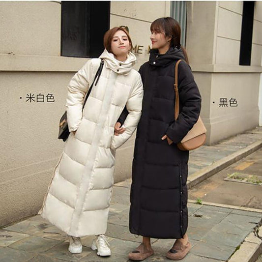 Ladies Down Hooded Cotton Jacket Winter Fashion Plus Velvet Thick Warm Quilted Jacket Super Long Plus Size Slim Jacket