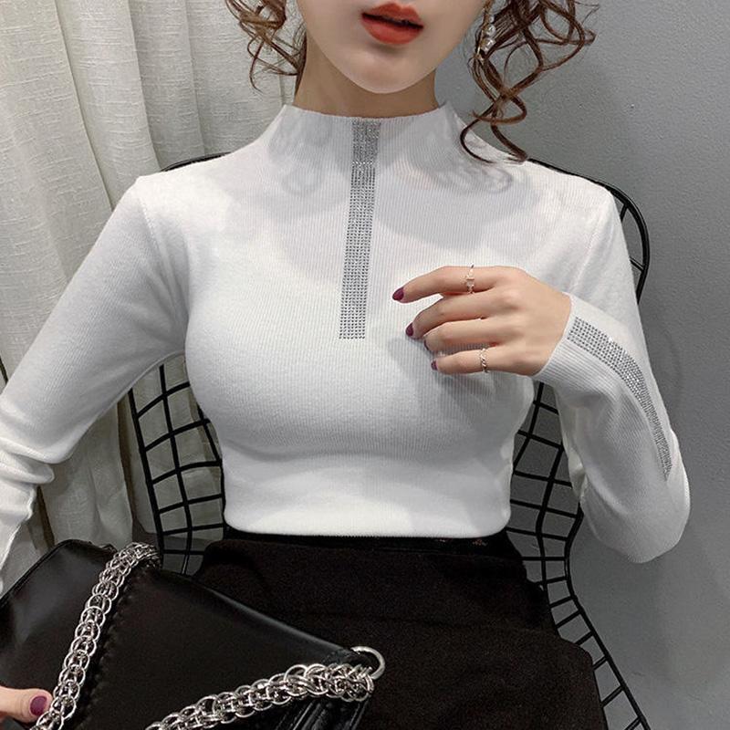 Women's Long-sleeved Slim-fit Sweater for Fall/winter Fashion with Diamond-studded Sweaters with Thickened Pullover Sweaters