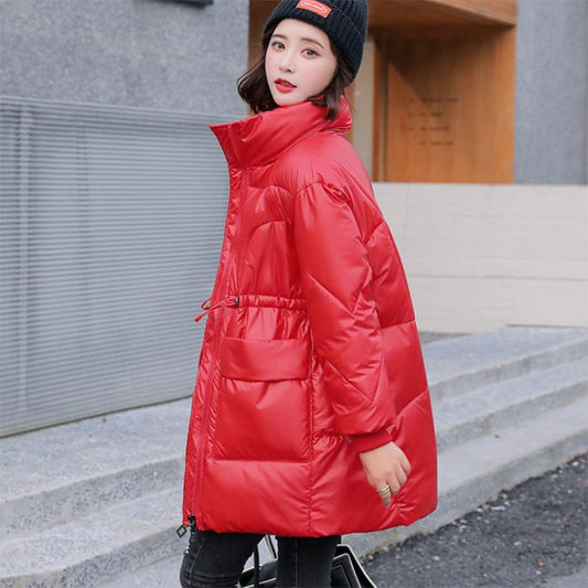 Women's Shiny Mid-length Down Jacket Winter Korean Style Loose Coat Warm Stand-collar Down Jacket