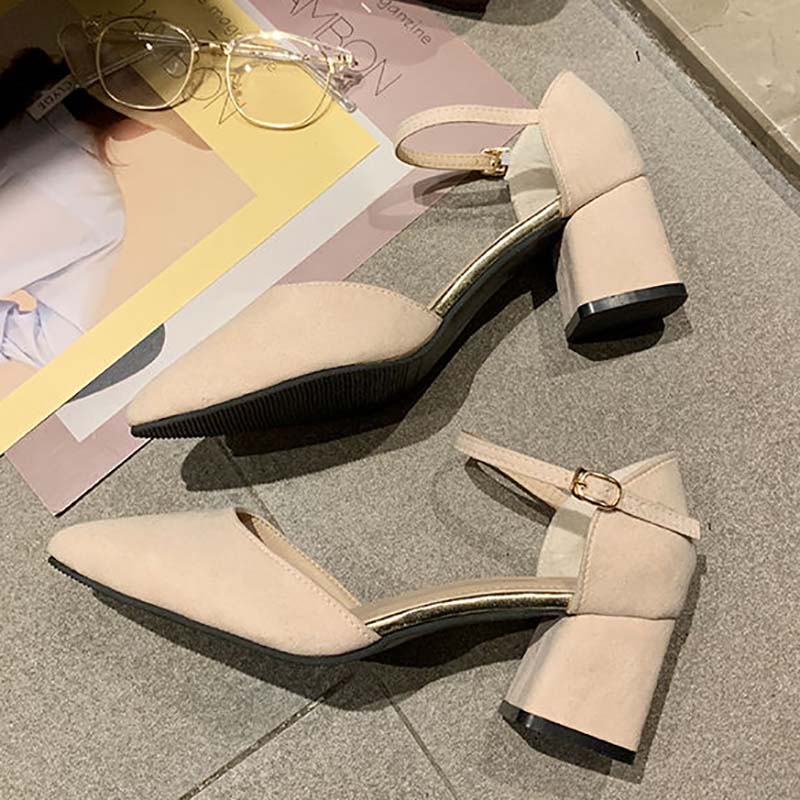 Shoes Female Students Korean Style Single Shoes Female Summer Wild Mid-heel Pointed Toe Buckle Thick Heel High-heeled Shoes Female Sandals