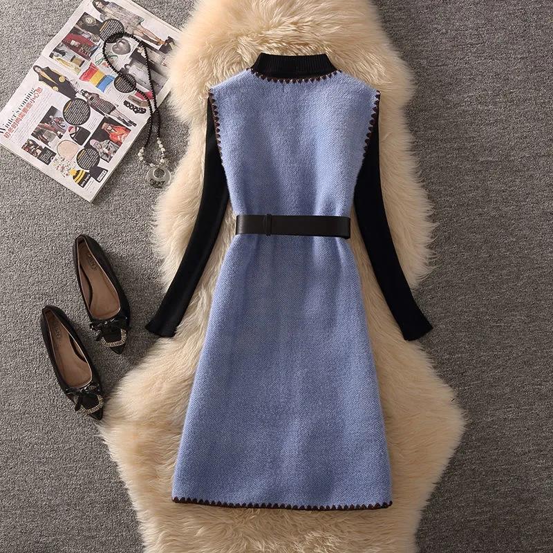 Autumn and Winter Solid Color Knitted Bottoming Shirt and Waistcoat Two-piece Set Waist Was Thinner Female Thermal Suit French Retro Style