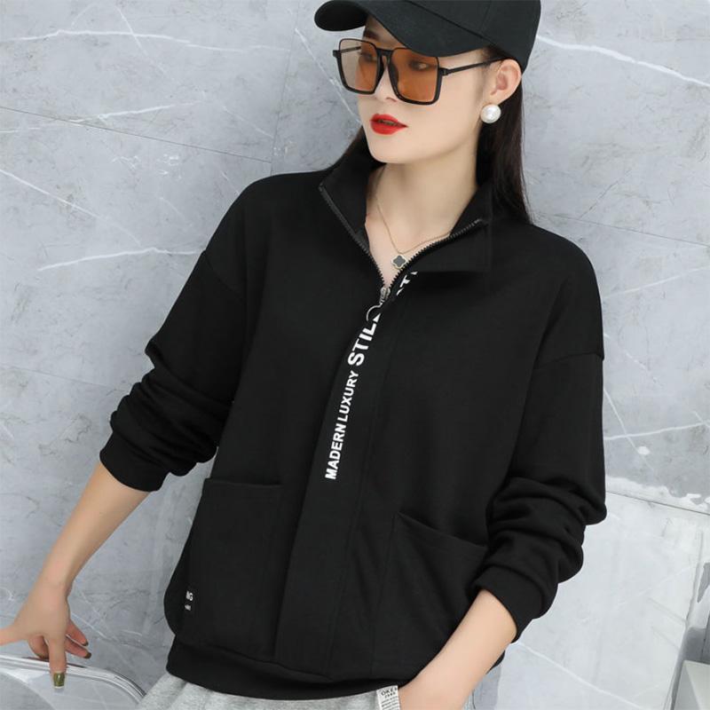 Standing Collar Zipper Jacket Western Style Shows Thin Versatile Fashion Casual Sports Sweater Women's Solid Color Jacket