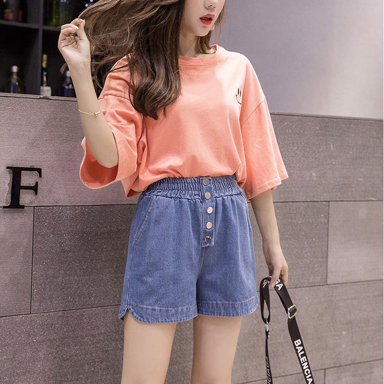 WTEMPO Spring and Summer Girl Women Denim Shorts Big Pocket Elastic Waist Loose  A-line Thin Casual Jeans Wide Leg