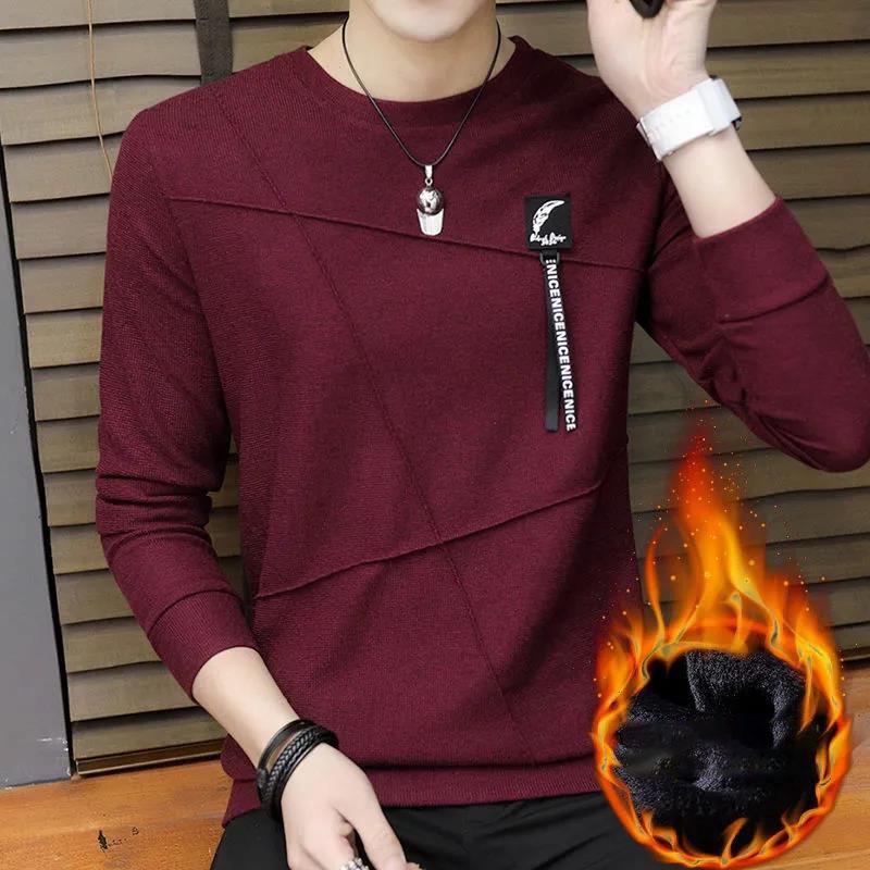 Autumn and Winter Men's Sweater Bottoming Shirt Plus Velvet Warm Top Knit Sweater Suitable for Middle-aged and Young Students, Students