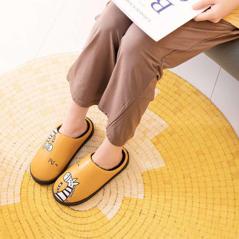 Waterproof Cotton Slippers Women PU Leather Non-slip Couples Home Slippers House Sliders Men Winter Thick Warm Cartoon Cute Indoor Shoes Bedroom