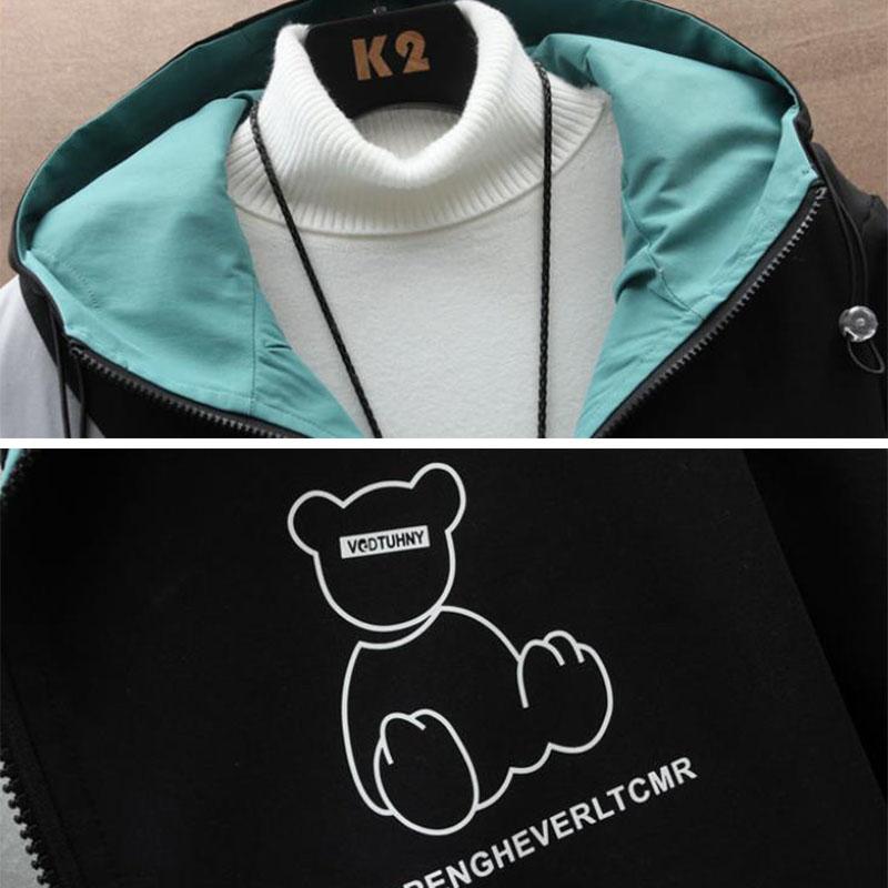 Bear Print Windbreaker Hooded Jacket Men Coat Casual Loose Parka Soft Comfortable Top Long