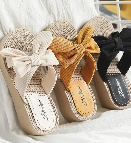 Beach Slippers Women's Summer Bow Thick Bottom Korean Sandals for Women Seaside Non-slip Wedge Heels Ladies Flip-flops Imitation Straw Sandals