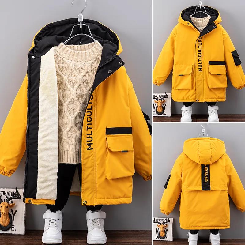 Boys Plus Fleece Padded Jacket Autumn and Winter Quilted Big Boy Handsome Mid-length Cotton Coat Children's Warm Windbreaker Jackets