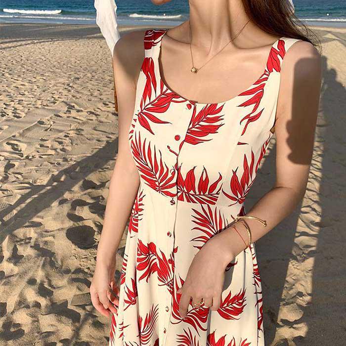 Pofulove Summer Women Red Leaf Sexy Dress Bohemia Sun-dresses Sleeveless Below Knee Beach Dresses