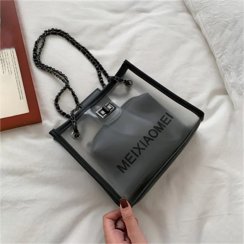 2pcs Shoulder Transparent Bag Women Clear Handbag Waterproof for Bathing Swimming Beach Metal Chain Portable Box Bags