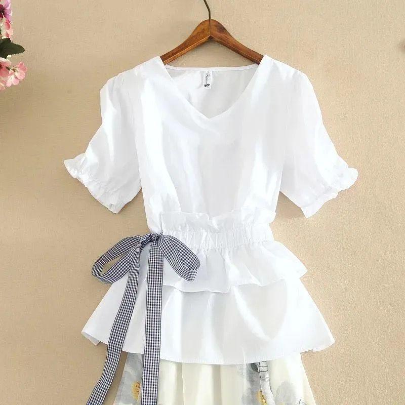 Dress Suit Summer Waist High Waist A-line Skirt Two-piece Female V-neck Short-sleeved Top + A-line Skirt Chiffon Fabric Light and Breathable