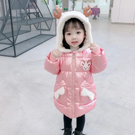 Girls' Cotton-padded Clothes Winter Clothes Rabbit Ears Hooded Jacket Children's Clothes Cute Mid-length Girls' Thicken Cotton-padded Jackets