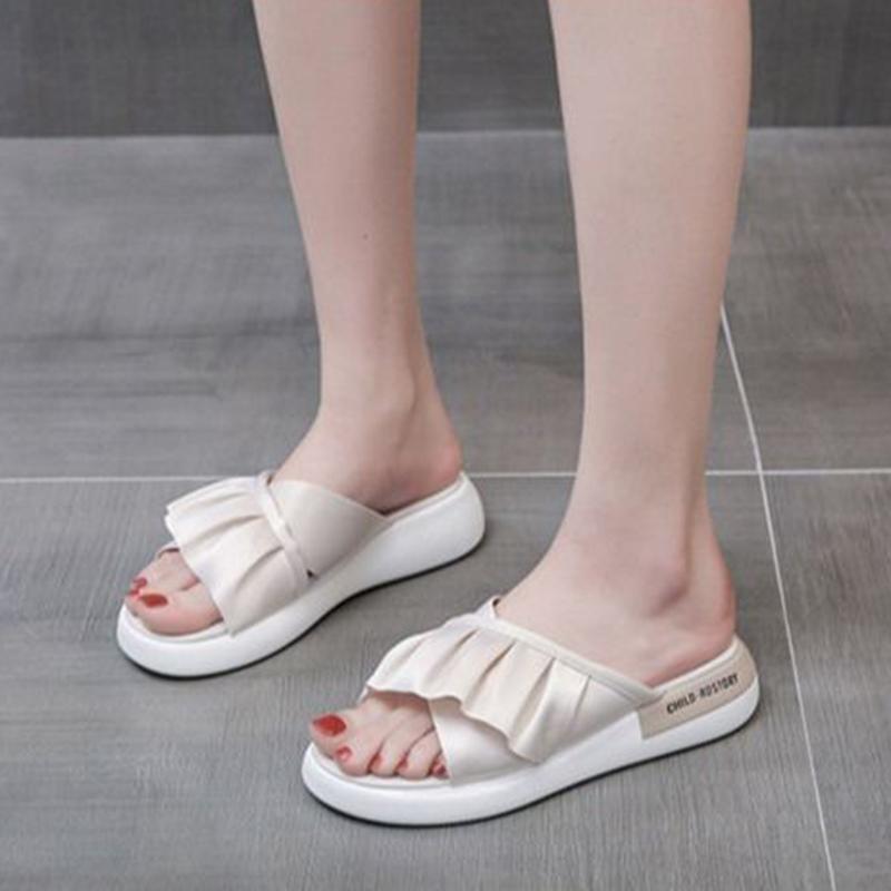 Summer Fashion Korean Version of All-match Flat Sandals Non-slip Soft Bottom Ruffled Outer Wear Simple High-top Slippers