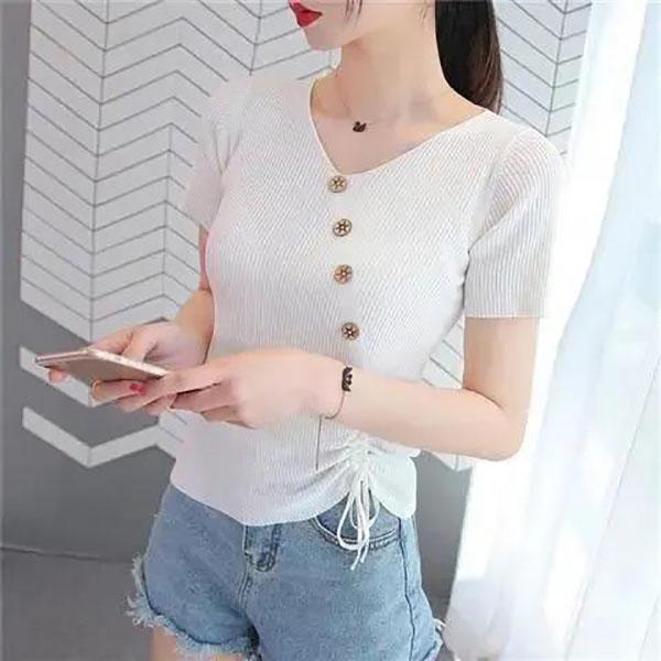 Women Slim Knit Sweater V-neck Pullover Temper Elegant T-shirt Casual Comfortable Shirt Summer