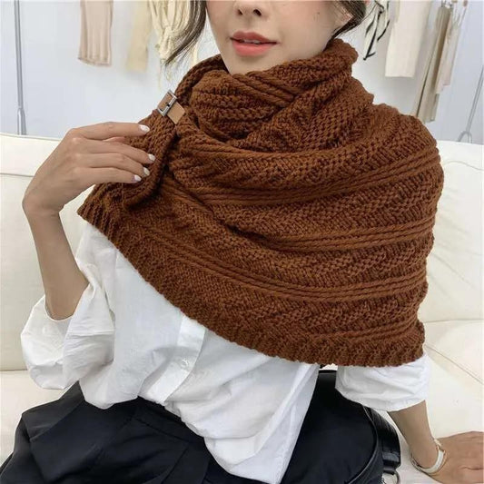 Women's Autumn Winter Knitted Leather Buckle Shawl Scarf Triangle Cloak Keep Warm All-match Solid Color Crochet Dual-use Shawl Scarf